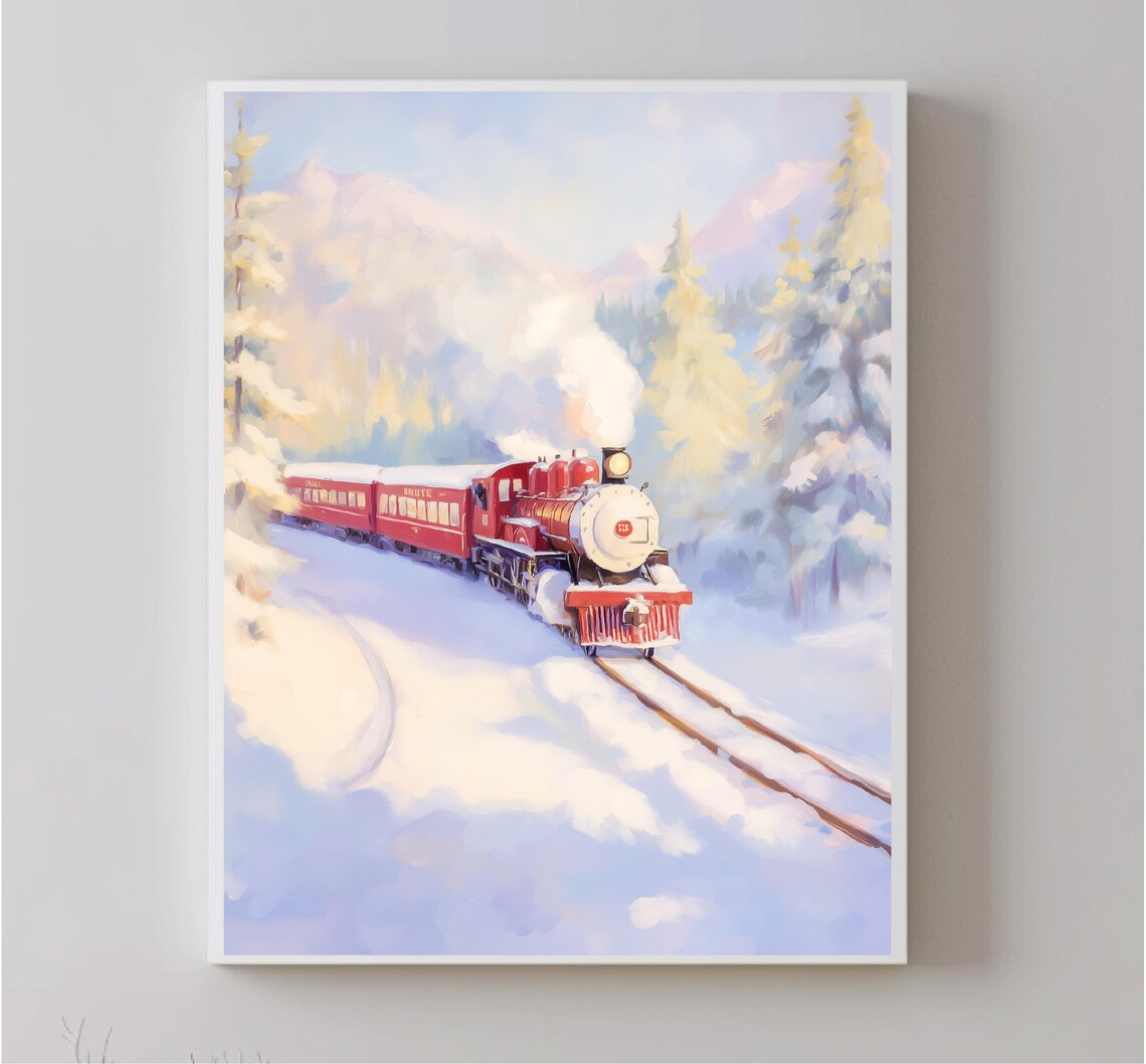 Red Steam Train Snowy Mountains Holiday Express Winter Art Poster