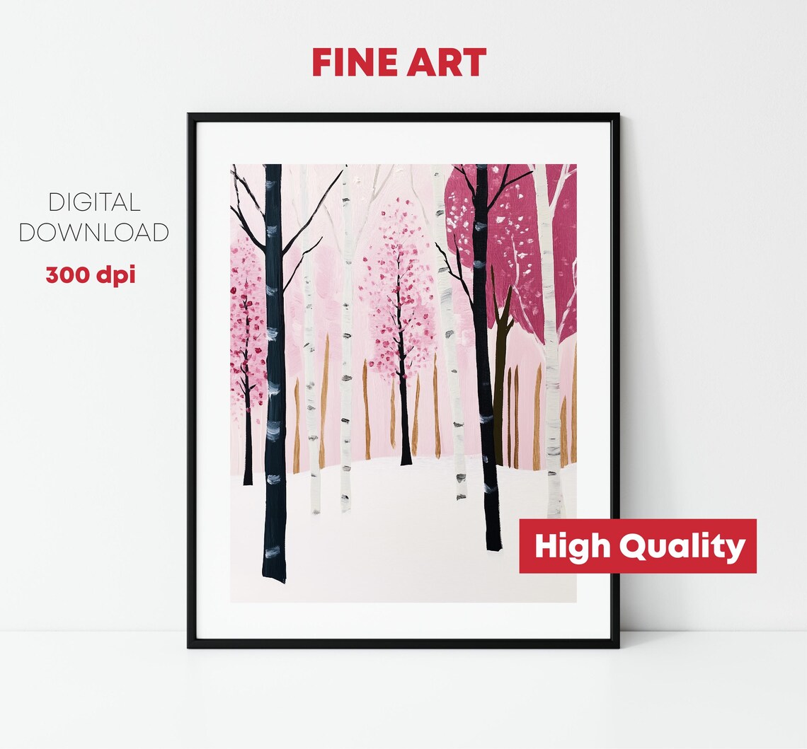 Pink Birch Forest In Snow Winter Wonderland Trees Pastel Print - Image 2