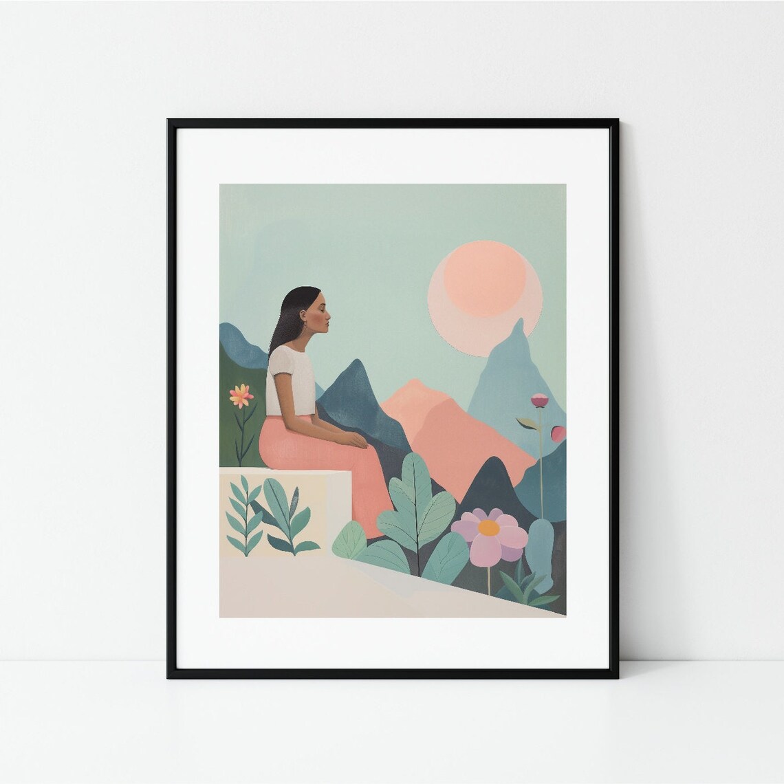 Woman Sitting In Pastel Mountain Meadow Contemporary Art Print - Image 2