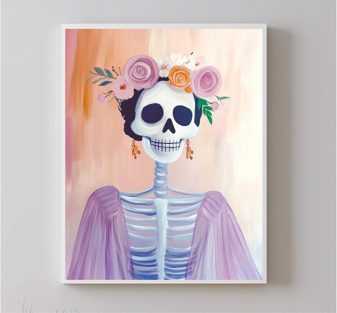 Floral Crown Skeleton Woman Day Of The Dead Pastel Art Print - Image 5