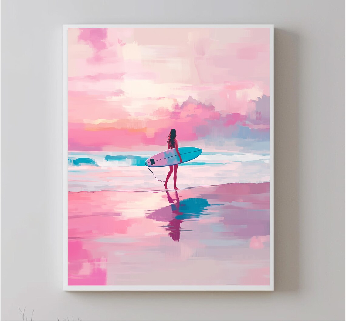 Woman Surfer Pink Beach Sunset Ocean Board Coastal Girl Art Poster - Image 5