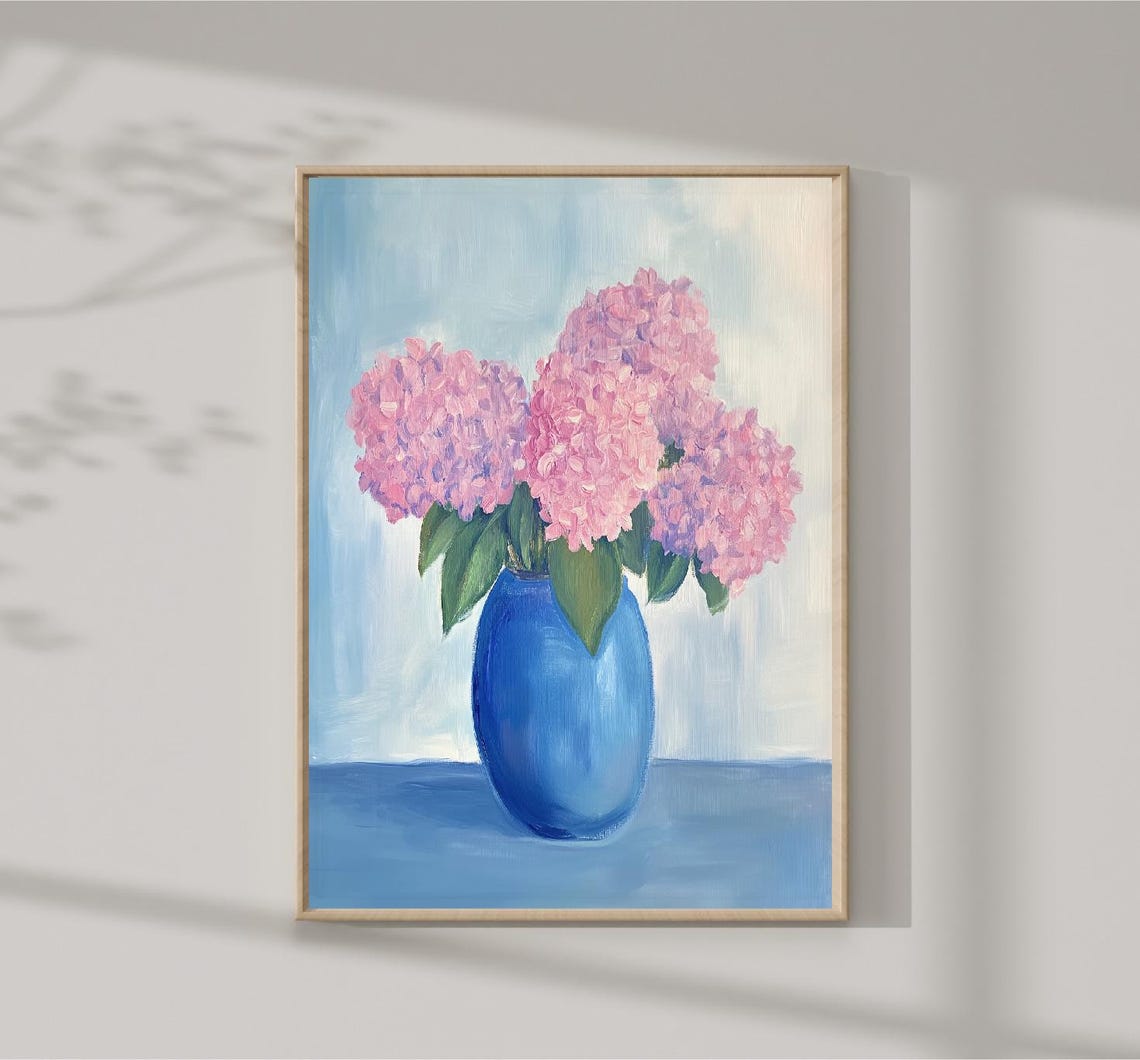 Pink Hydrangeas In Blue Vase Cheerful Floral Still Life Poster