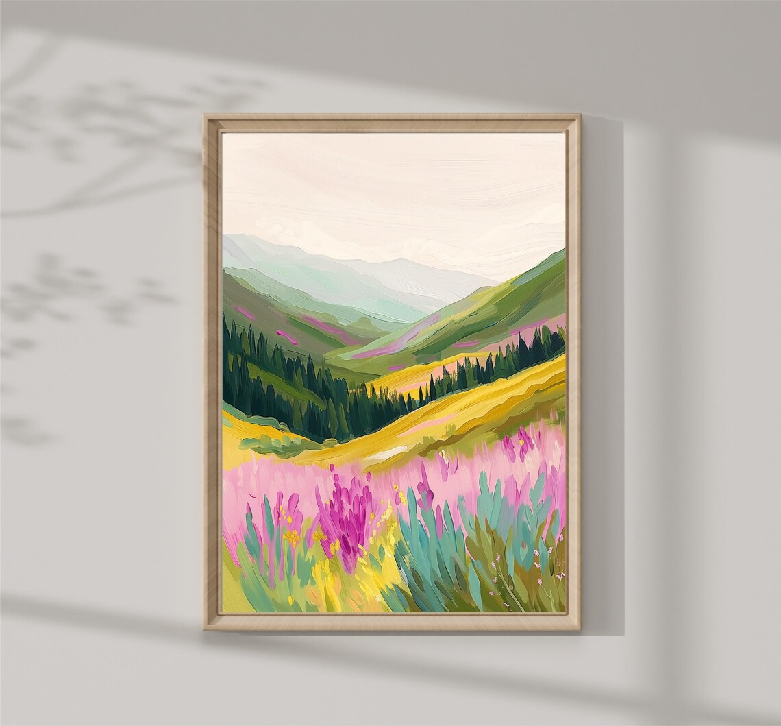 Pink Wildflower Meadow Mountain Valley Golden Hills Landscape Poster
