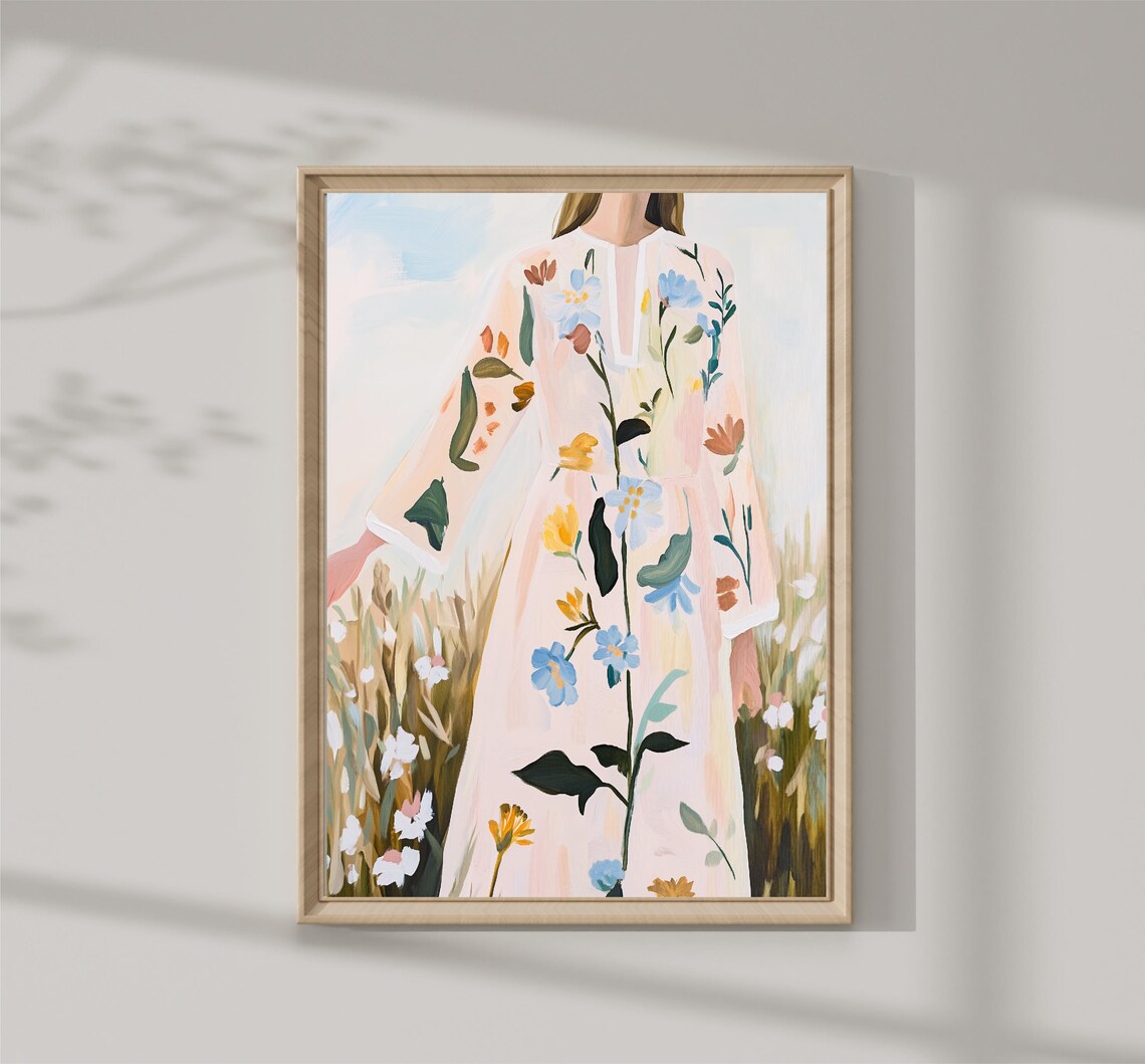 Woman In Floral Dress Standing In Wildflower Field Dreamy Print