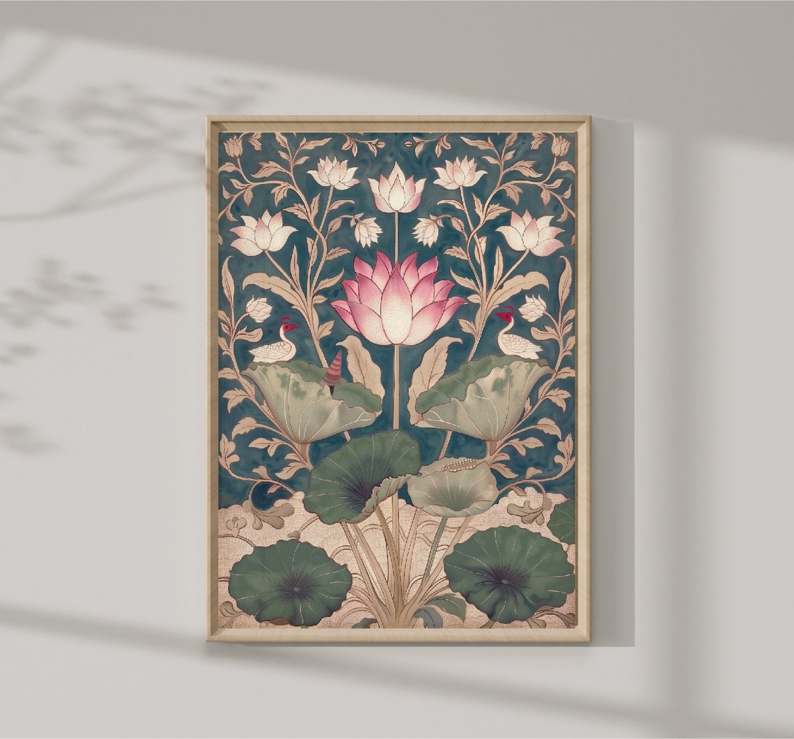 Indian Floral Lotus Bird Traditional Pattern Illustration Wall Art