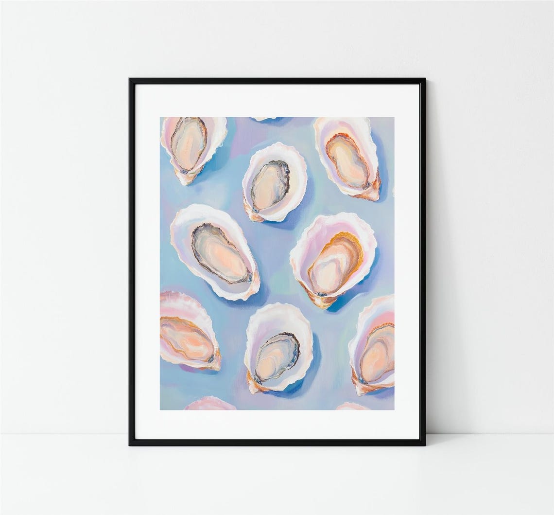 Oyster Shell Pattern On Blue Background Coastal Kitchen Art Print - Image 2