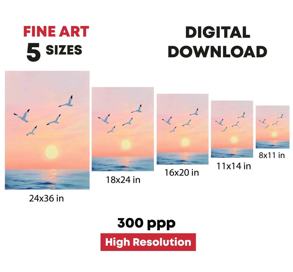 Four Seagulls Flying Pink Sunset Ocean Sky Seascape Beach Print - Image 4