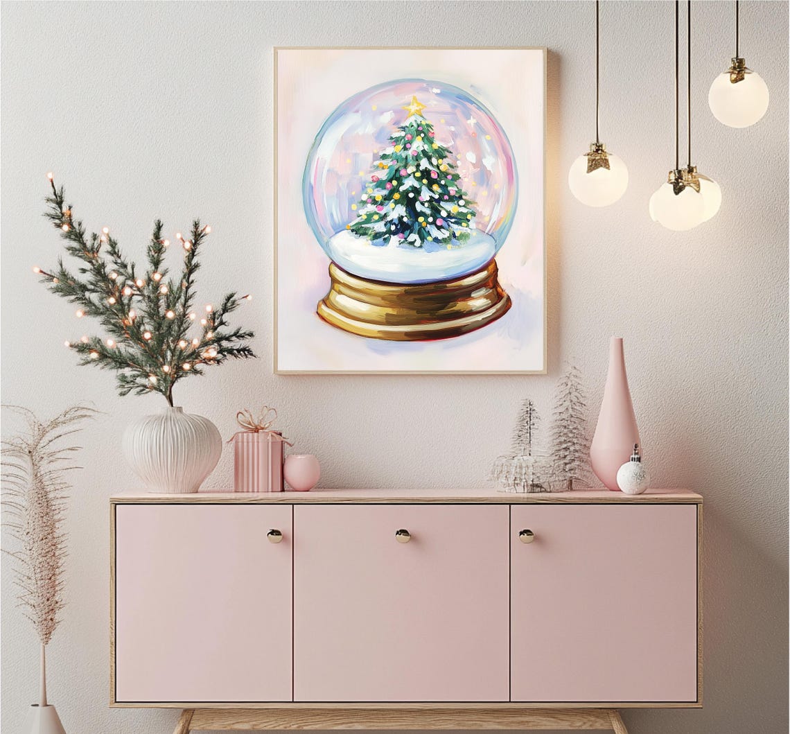 Christmas Tree Snow Globe Gold Base Pink Holiday Keepsake Poster - Image 3