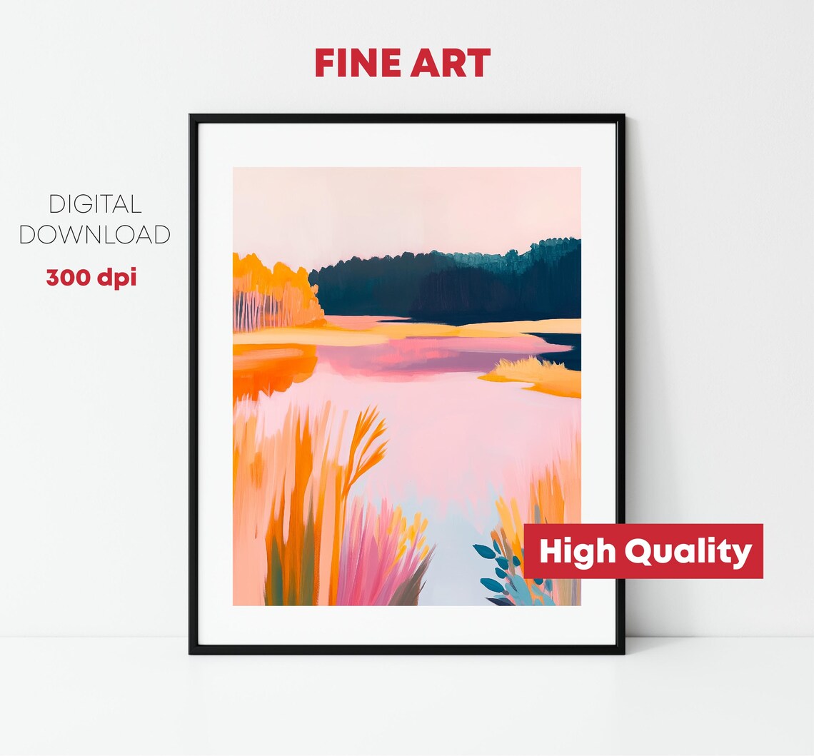 Pink Sunset Marsh Lake With Reeds Autumn Wetland Nature Print - Image 2