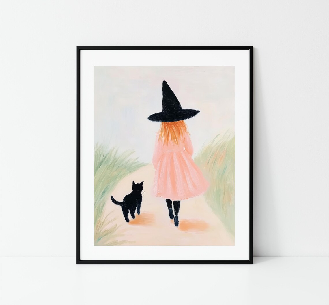 Little Witch Girl With Black Cat Walking Path Pink Halloween Print - Image 3