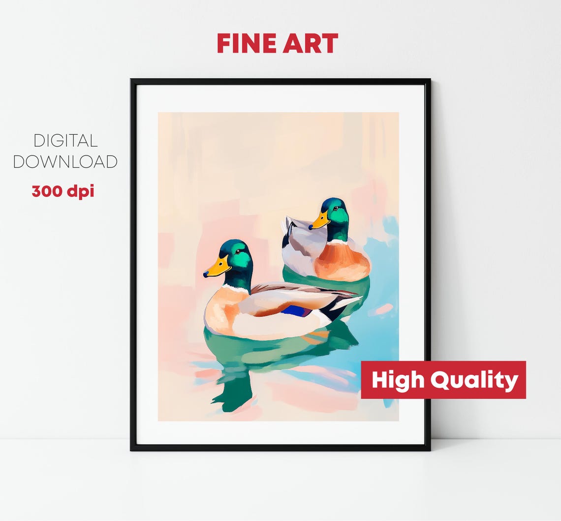 Two Mallard Ducks Swimming Pastel Pond Modern Animal Painting Print - Image 2