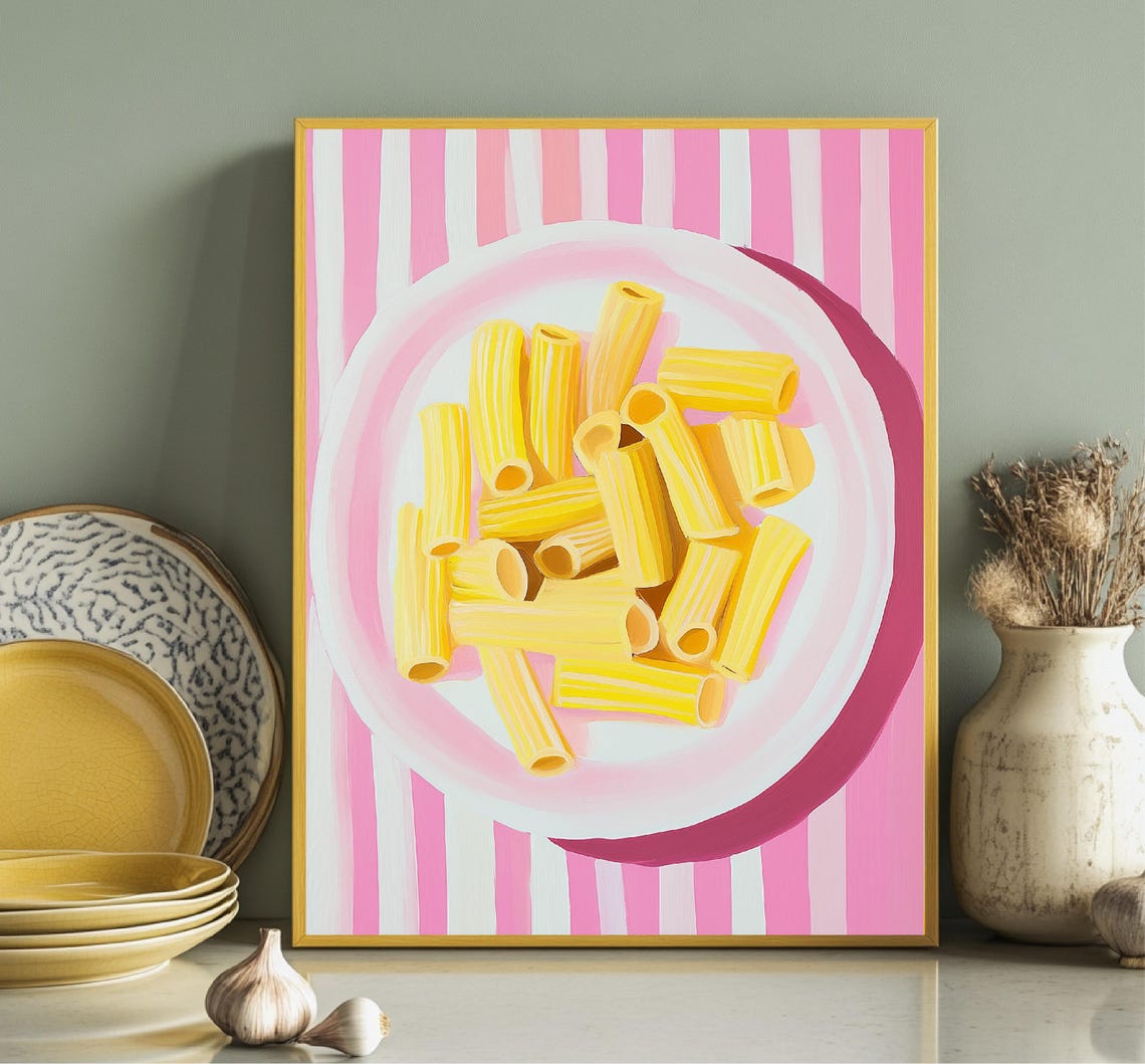 Rigatoni Pasta On Pink Striped Plate Playful Kitchen Food Art Poster - Image 2