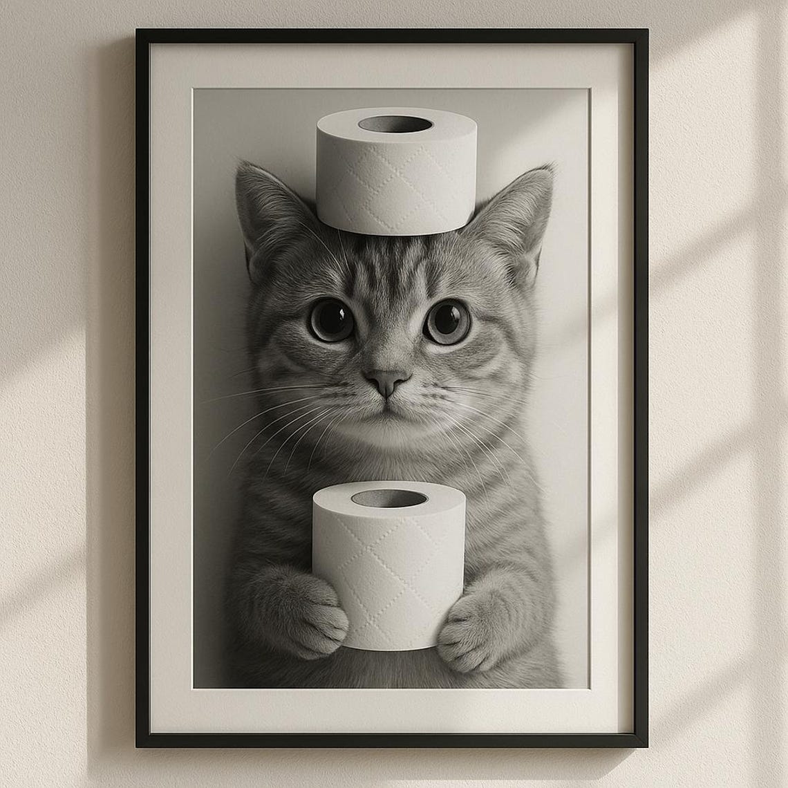 Funny Cat Toilet Paper Black and White Bathroom Humor Art Print