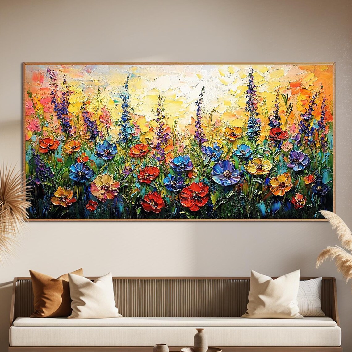Colorful Wildflower Meadow at Sunset Impasto Oil Painting Poster