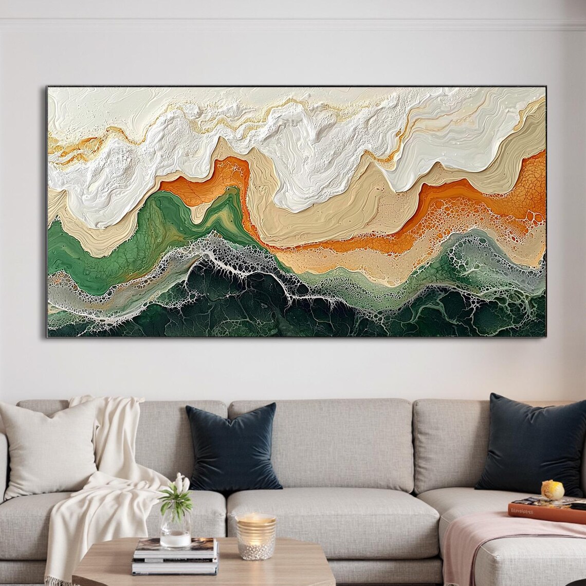 Dark Green Coastal Wave Abstract Resin Style Oil Painting Poster