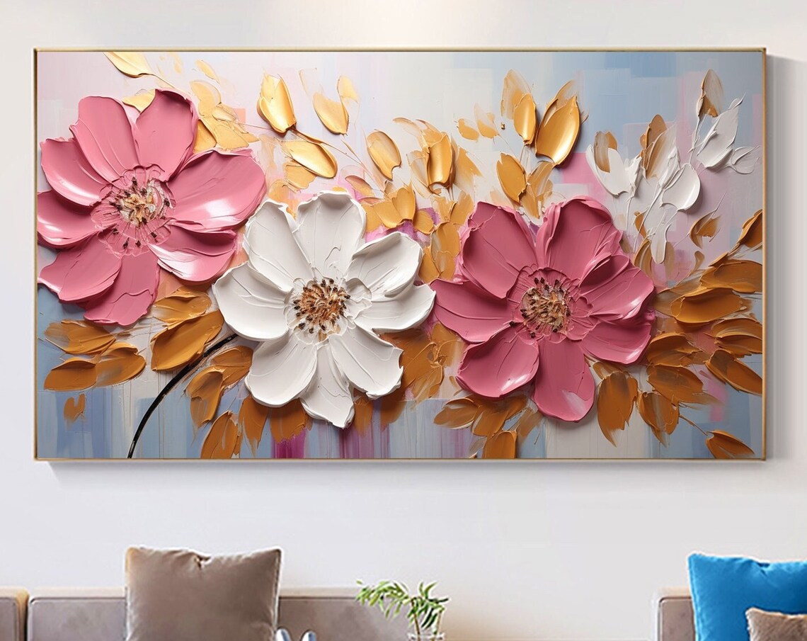 Pink and White Flowers With Gold Foliage Impasto Oil Painting Poster