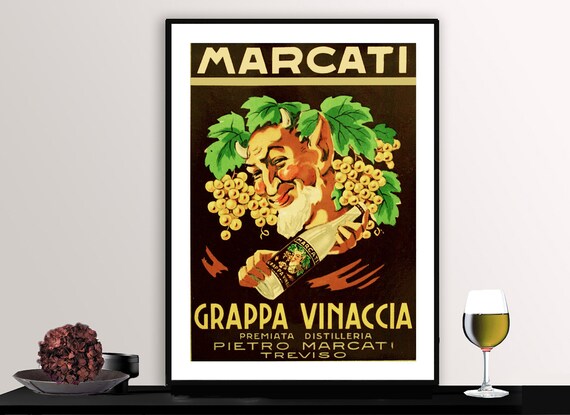 Marcati Grappa Vinaccia Bacchus Grape Head Bottle Vintage Poster