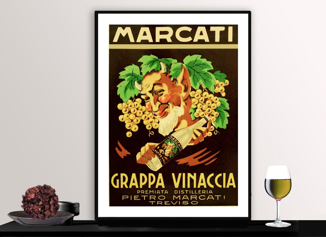 Marcati Grappa Vinaccia Bacchus Grape Head Bottle Vintage Poster