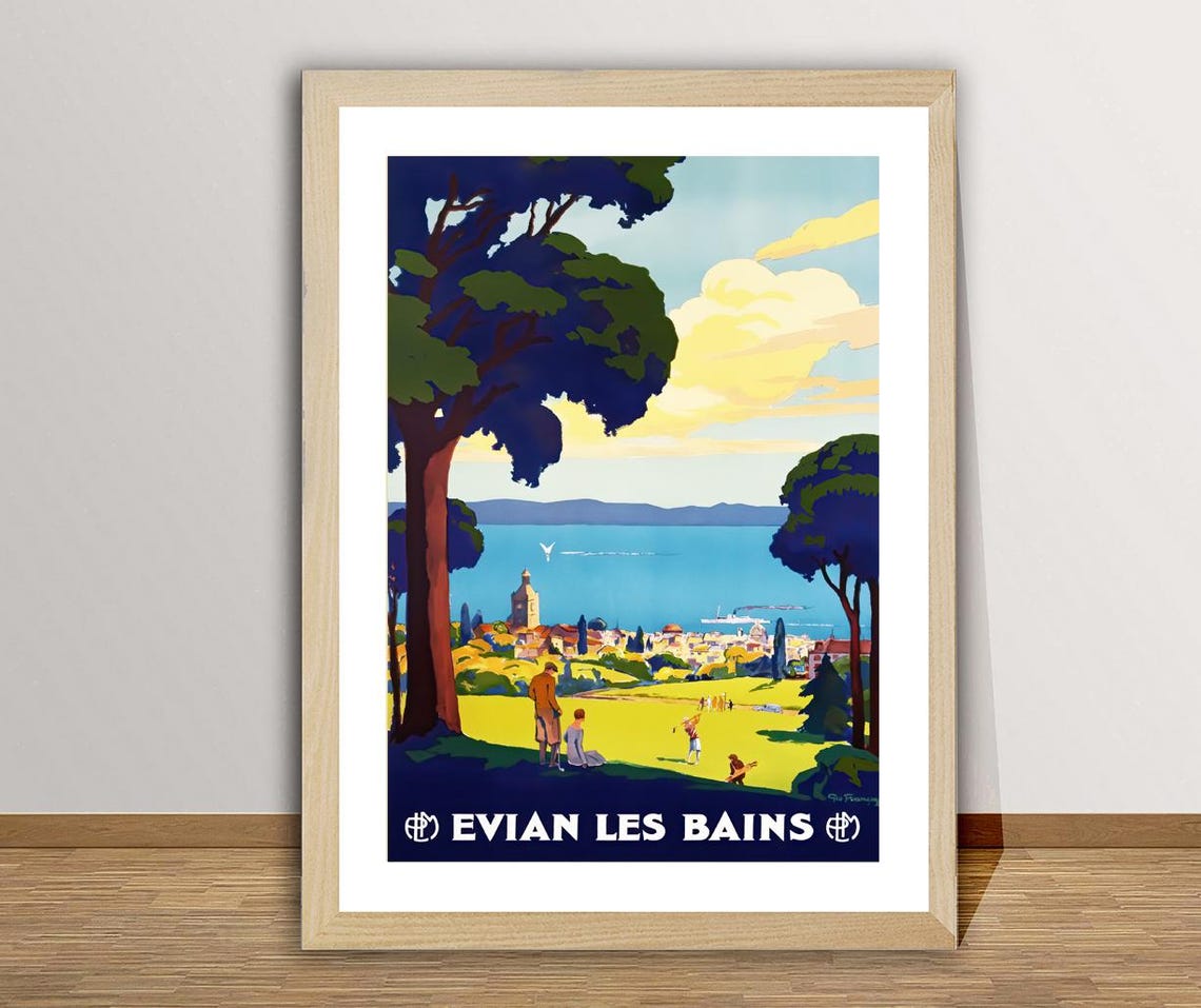 Evian Les Bains France Vintage Travel Poster Lake Golf Course Artwork