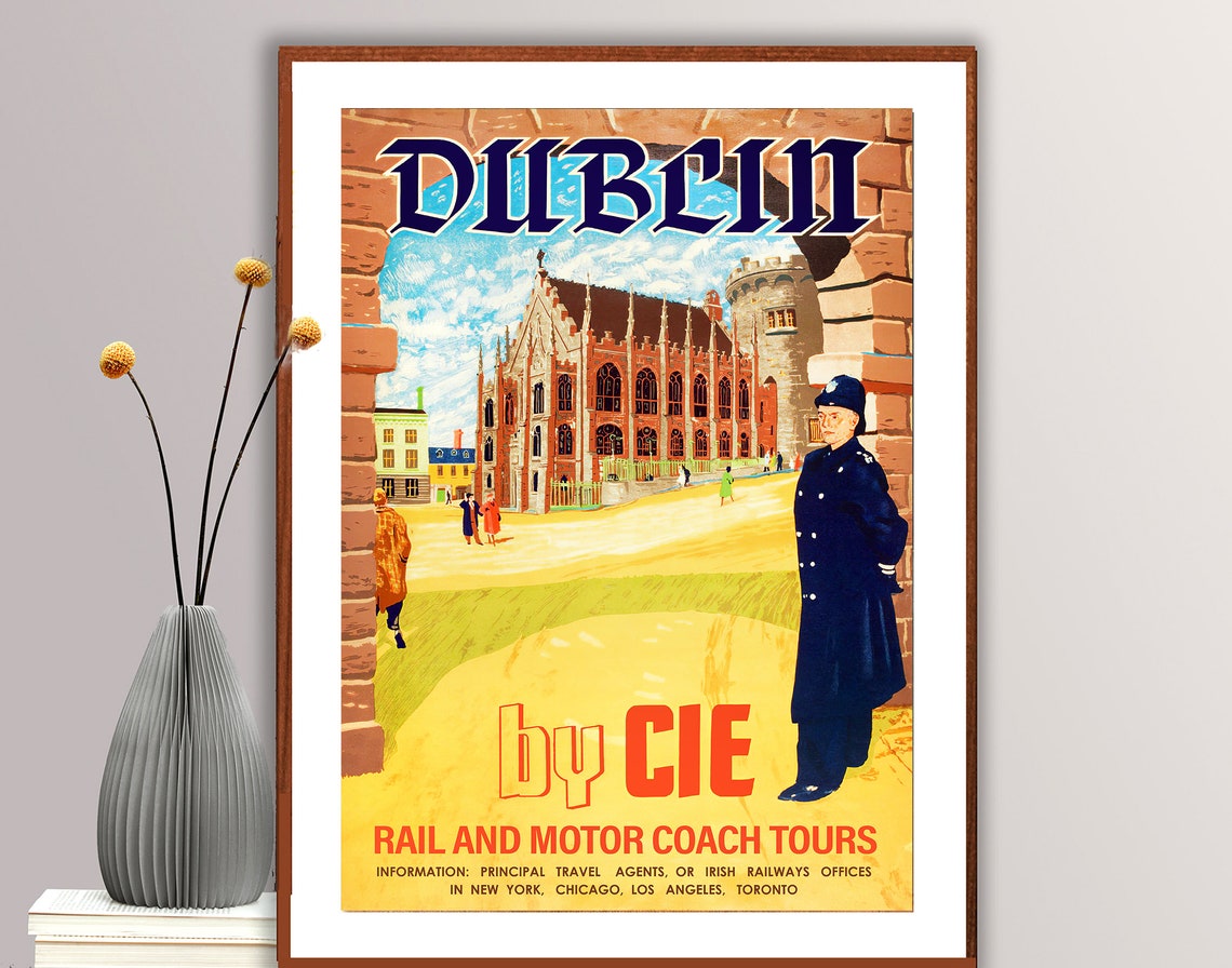 Dublin by CIE Rail and Motor Coach Vintage Ireland Travel Poster
