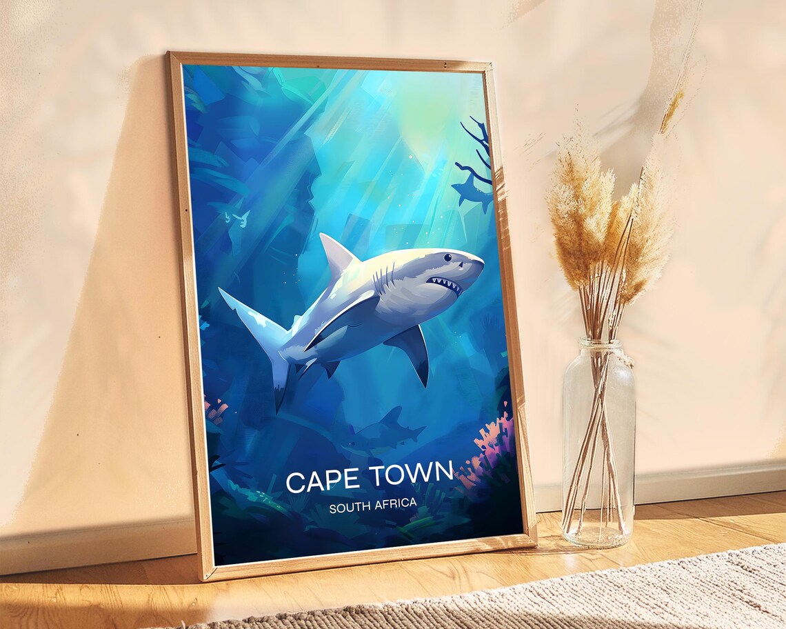 Cape Town South Africa Great White Shark Underwater Dive Travel Poster