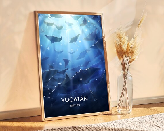 Yucatan Mexico Stingray Underwater Sunlight Dive Travel Poster