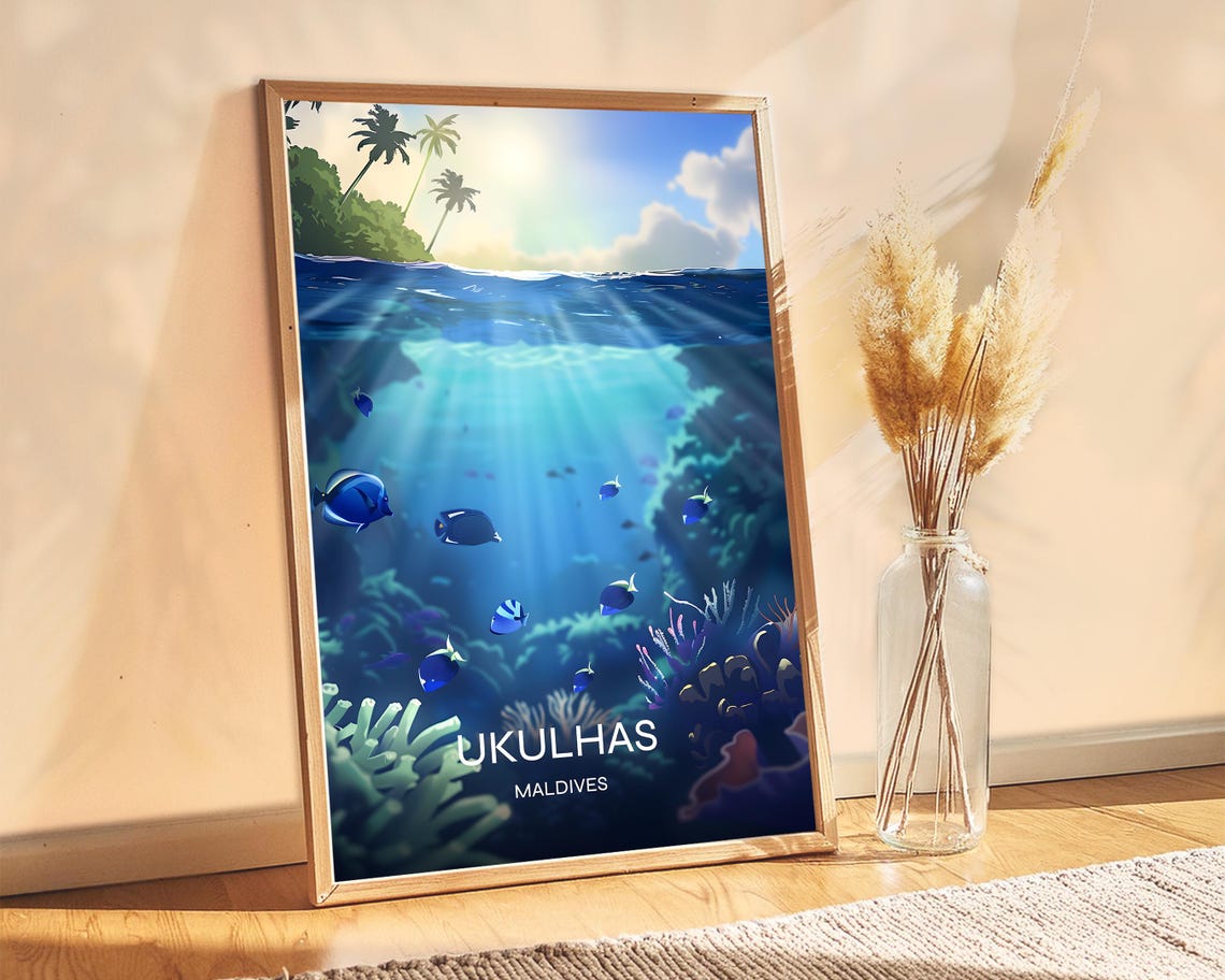Ukulhas Maldives Underwater Blue Fish Coral Reef Ocean Scene Poster