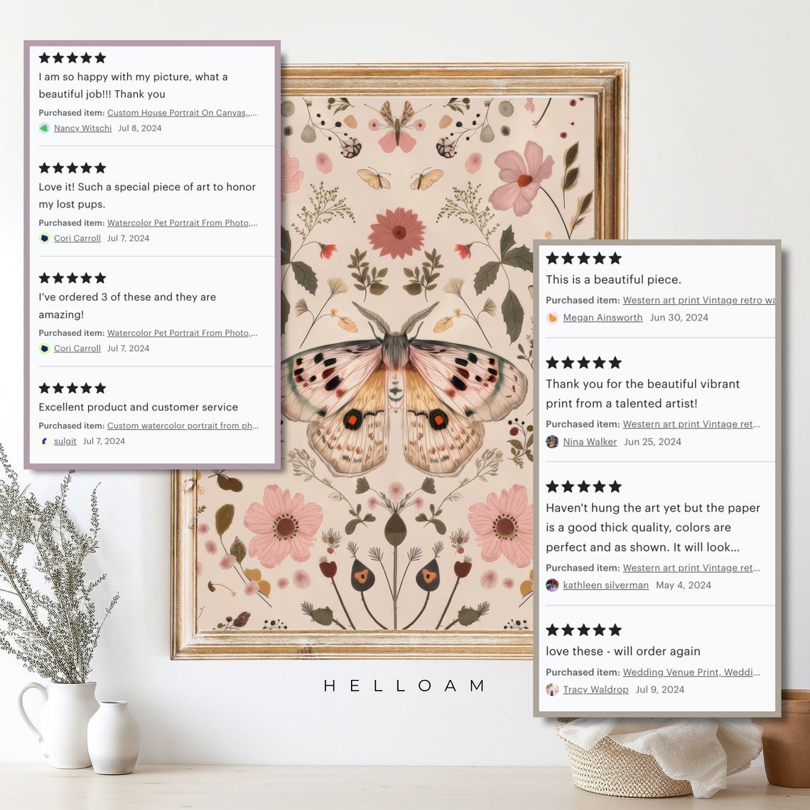 Blush Pink Moth Wildflowers Botanical Cottagecore Nursery Wall Print - Image 4