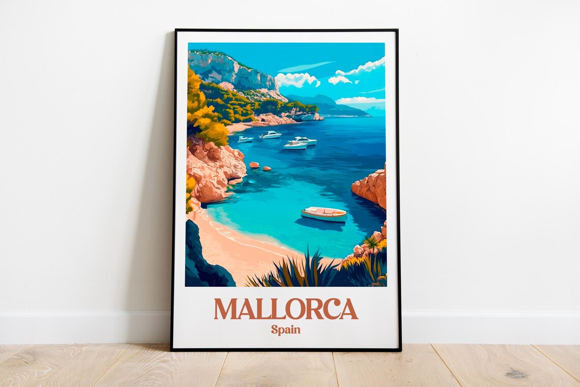 Mallorca Spain Turquoise Coastal Cove Beach Vintage Travel Poster