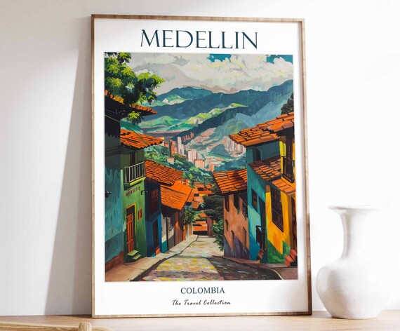 Medellin Colombia Colorful Street Mountain View Travel Poster