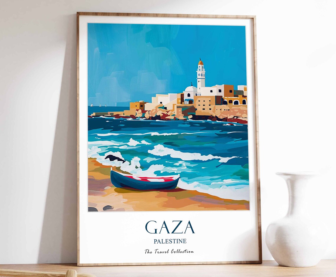 Gaza Palestine Coastal City Mosque Minaret Beach Travel Poster