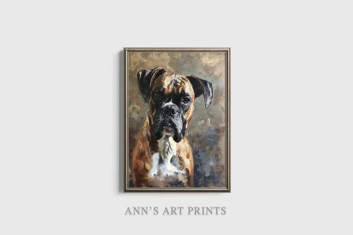 Fawn Boxer Dog Portrait Muted Grey Brown Oil Painting Art Print