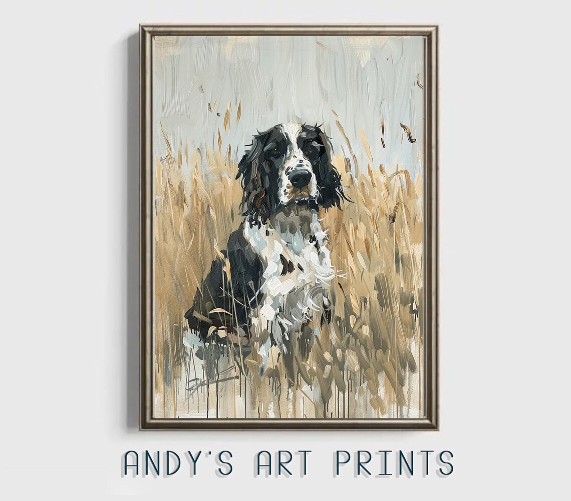 Black and White Spaniel Dog Sitting in Golden Wheat Field Poster - Image 2