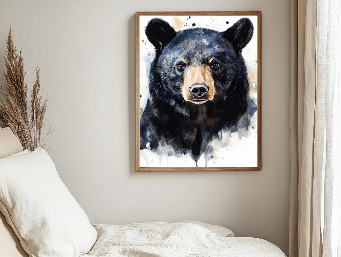 Black Bear Watercolor Portrait White Background Splashes Poster - Image 2
