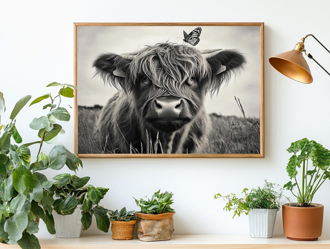 Shaggy Highland Cow With A Butterfly Perched On Its Head Poster - Image 2