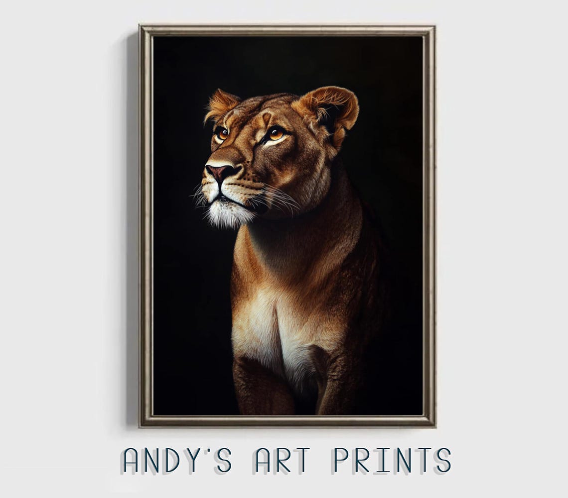 Lioness Portrait On Black Background Dramatic Oil Painting Poster