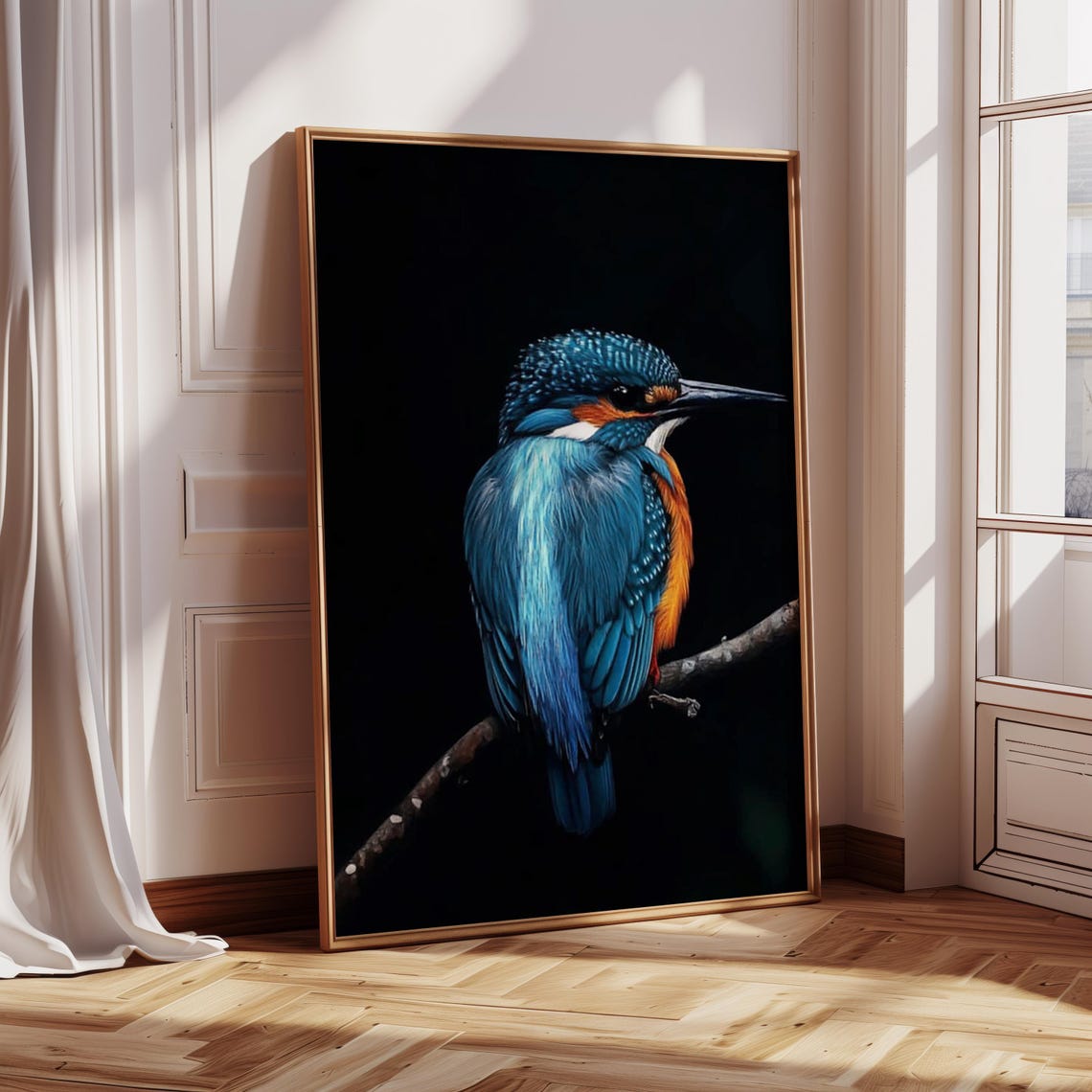 Kingfisher Seen From Behind on a Solid Black Background Oil Poster