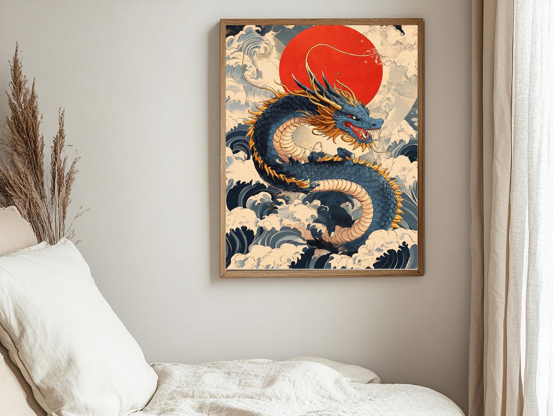 Blue Japanese Dragon Rising Through Waves Under a Red Sun Poster - Image 3