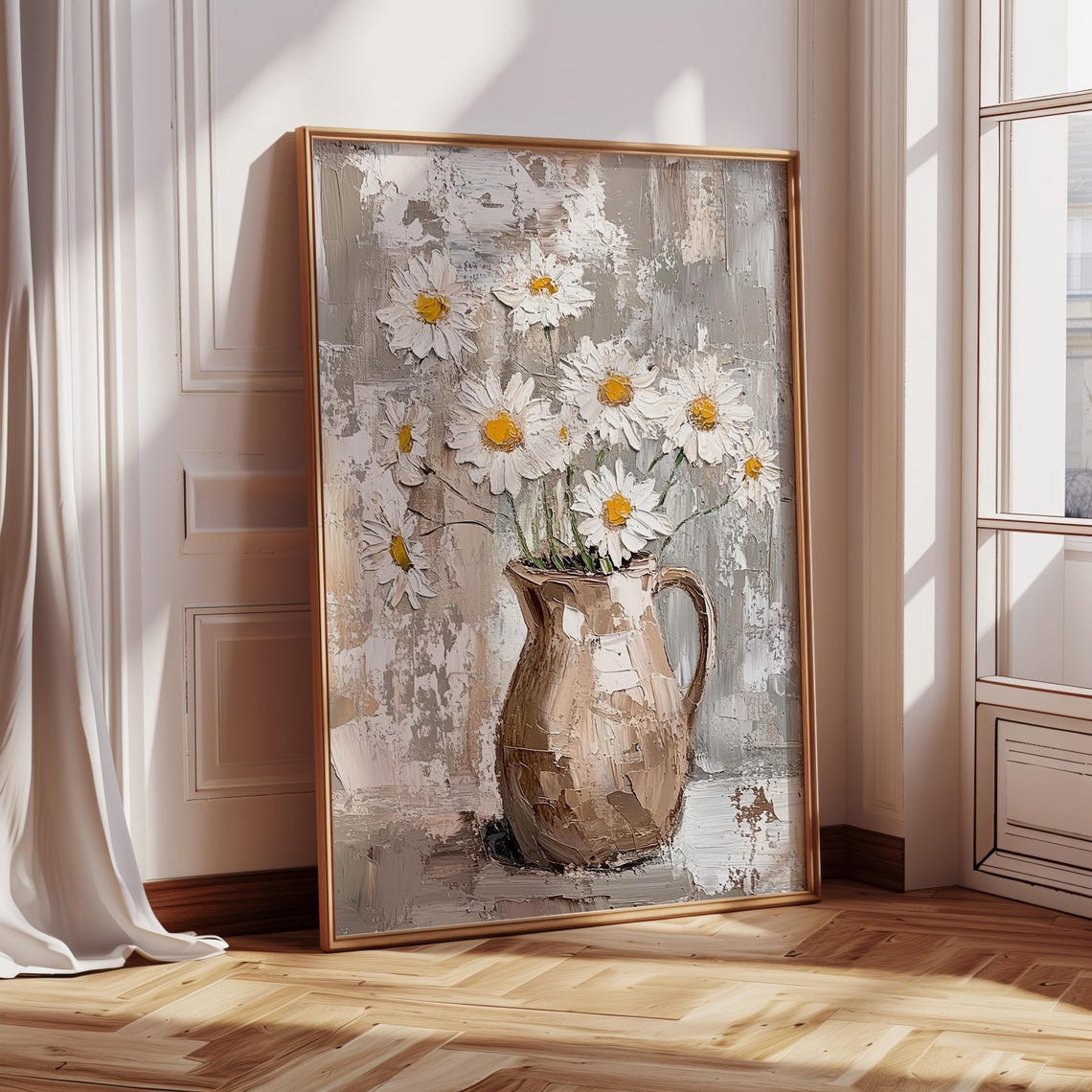 White Daisies in Ceramic Jug Textured Impasto Floral Wall Art