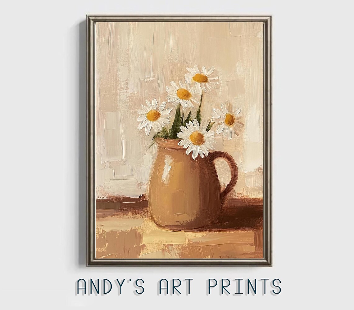 White Daisies in Brown Jug Warm Beige Floral Oil Painting Poster - Image 2