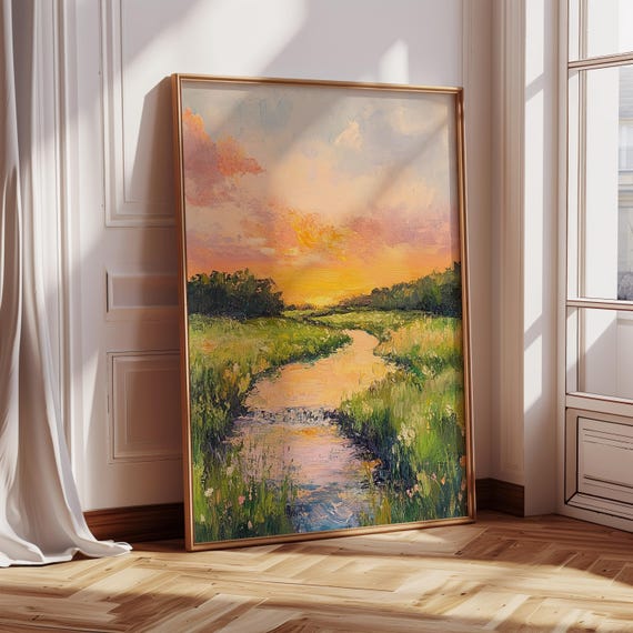 Summer River Landscape Wall Art Painting Nature Poster Oil Painting Landscape Drawing Home Decor Sunset