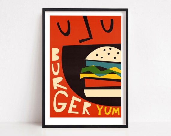 Beef Burger Retro Food Poster, Mid-Century Modern