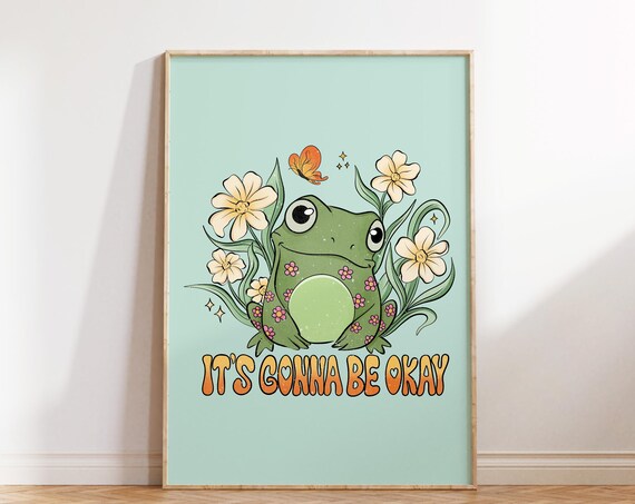 It's Gonna Be Okay Cute Frog Flowers Retro Mint Encouragement Poster