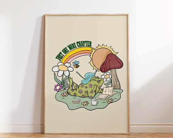 Just One More Chapter Frog Reading Book Rainbow Retro Funny Poster