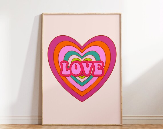 Cute Retro Wall Print Love Poster Heart Print Valentines Day Retro Wall Art Print Print Wall Decor Gift For Her