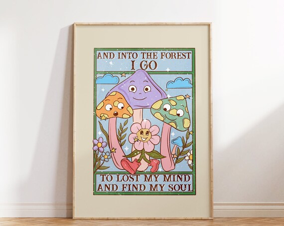 Cute Retro Wall Art Retro Wall Print Mushroom Poster Print Vintage Wall Decor Hippie Wall Poster Housewarming Gift
