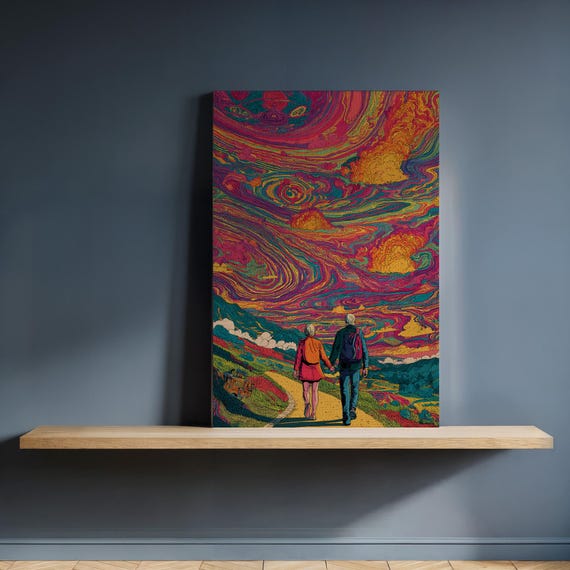 Framed Psychedelic Couple Canvas Wall Art Surreal Sunset Sky Landscape Print Trippy Love Illustration For Bold Colorful Home Decor