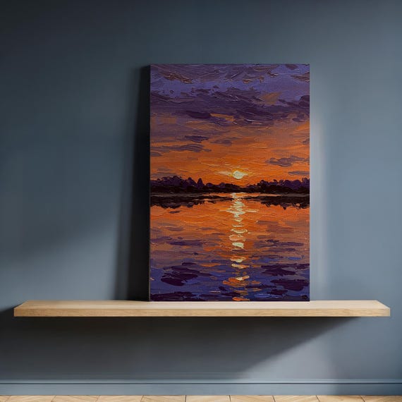 Sunset Lake Canvas Wall Art Orange And Purple Impressionist Landscape Print Framed Nature Painting For Cozy Home Or Giftready Decor