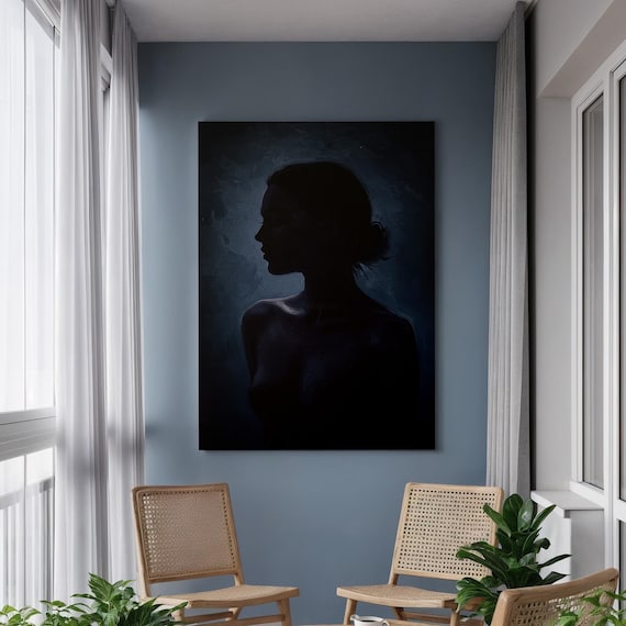 Dark Silhouette Woman Portrait Moody Black Blue Modern Art Poster