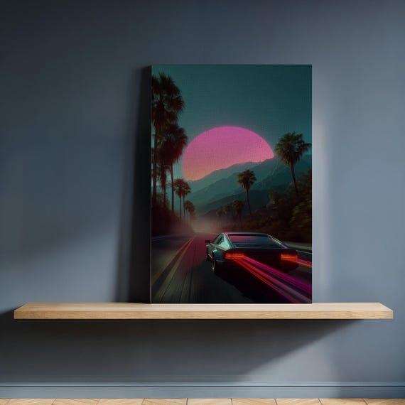 Retro Car Night Drive Canvas Wall Art Framed Neon Sunset Road Print With Palm Trees Synthwave Poster For Modern Kitchen Or Den Decor